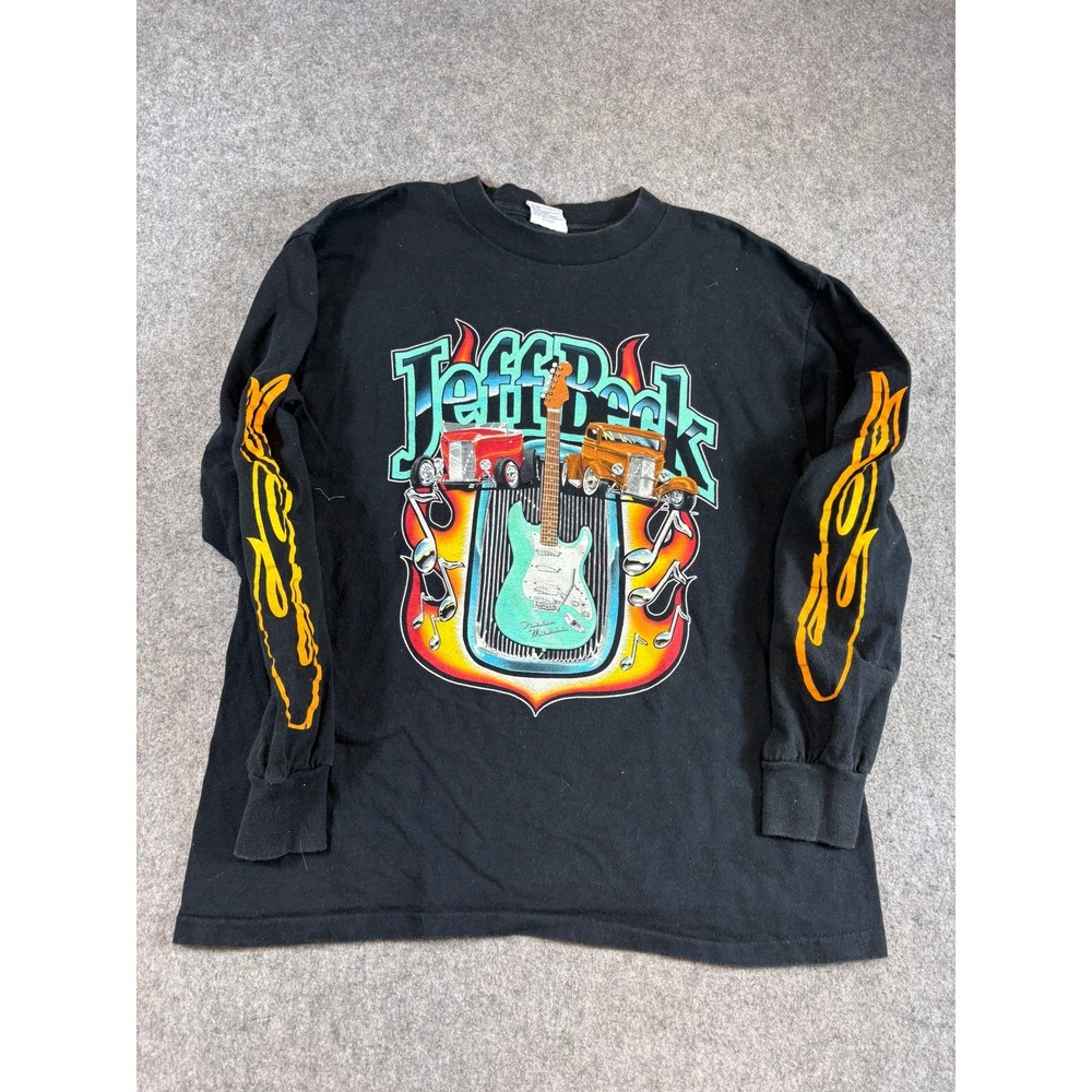 VTG 90s Jeff Beck Tour Long Sleeve Shirt Mens Large Black Flame Sleeve Band Tee
